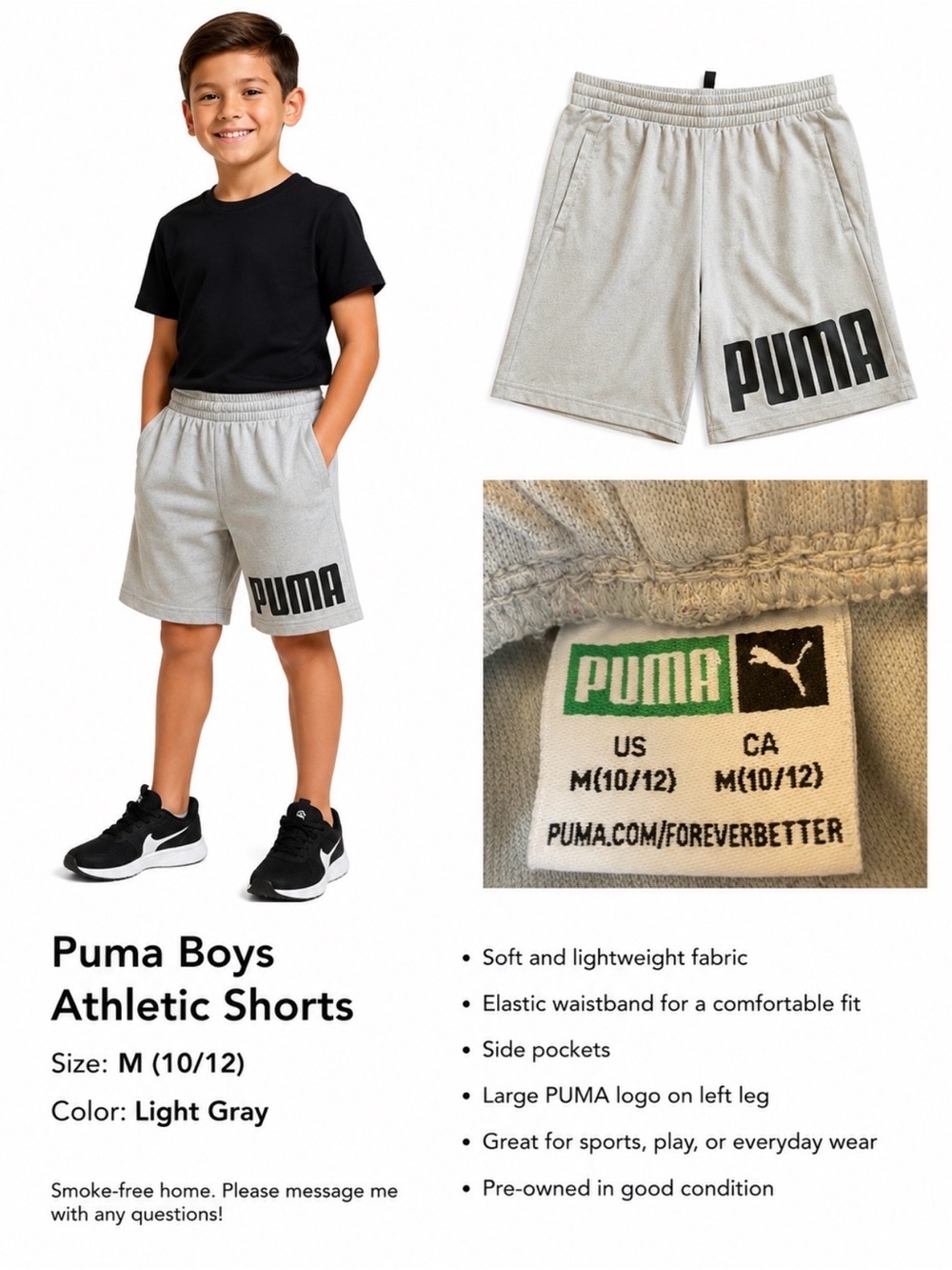 Puma Light Gray Boys Athletic Shorts with Black Logo